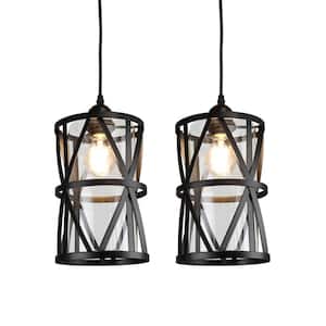2 Pack Industrial Black Metal Cage Glass Pendant Light for Kitchen Island(Bulb Not Included)