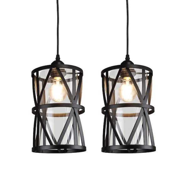 Depuley 2 Pack Industrial Black Metal Cage Glass Pendant Light for Kitchen Island(Bulb Not Included)