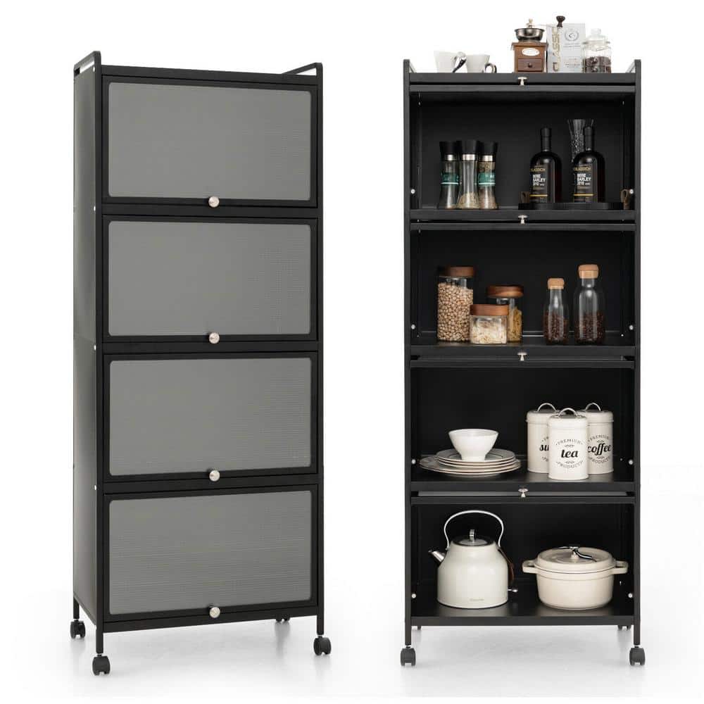 5-Tier Black Rolling Plastic Kitchen Cart on Wheels with Flip-up PC Doors