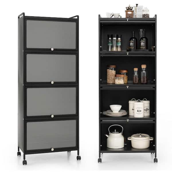 Unbranded 5-Tier Black Rolling Plastic Kitchen Cart on Wheels with Flip-up PC Doors