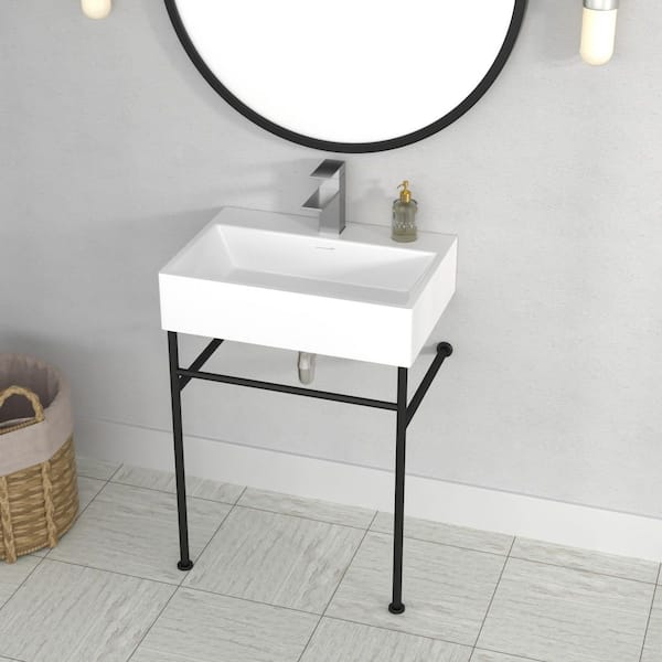 24 in. Ceramic White Single Bowl Console Sink Basin and Legs Combo with Overflow and Black Metal Leg