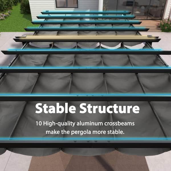 12 ft. x 18 ft. Gray Aluminum Frame Outdoor Patio Pergola with Gray Retractable Sun Shade Canopy and String Lights