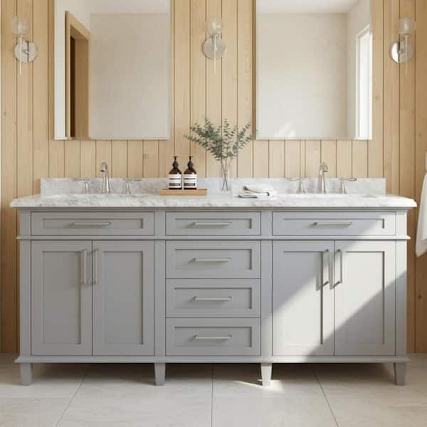 Sonoma 72 in. Double Sink Pebble Gray Bath Vanity with Carrara Marble Top (Assembled)