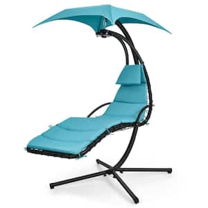 Metal Hanging Curved Swing Chaise Outdoor Lounger Chair With Removable Canopy and Overhead Light With Turquoise Cushion