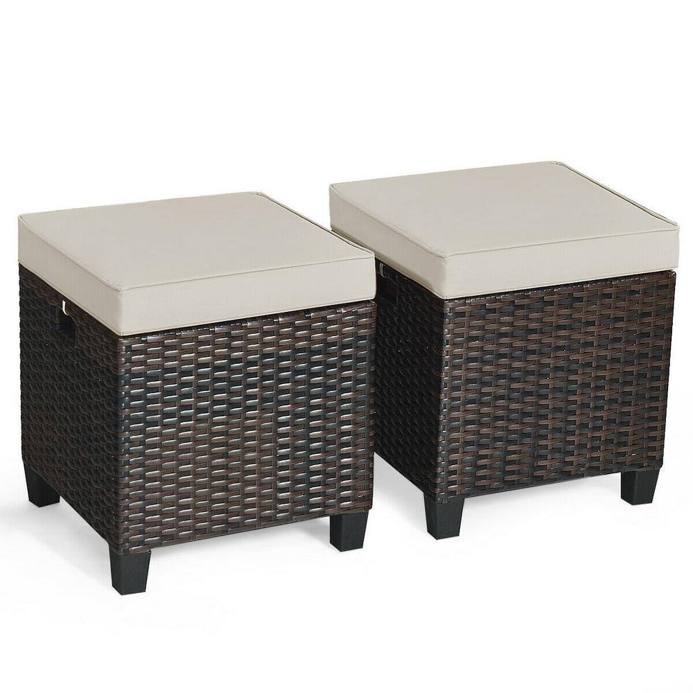 Costway 2Piece Brown Wicker Outdoor Ottoman with Coffee Cushion Patio