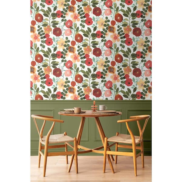 30.75 sq. ft. Ruby and Hunter Green Garden Dance Vinyl Peel and Stick Wallpaper Roll