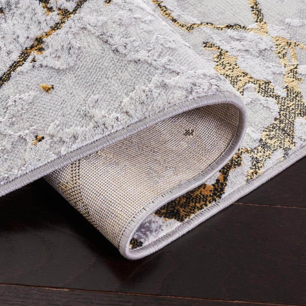 Amelia 5' Round Grey and Gold Abstract Synthetic Rug