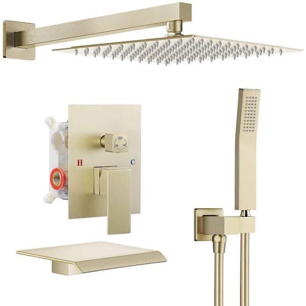 Double Handle 3-Spray Tub and Shower Faucet Shower Combo 10 in. Shower Head 2.5 GPM in Brushed Gold Valve Included