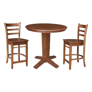 Aria 3-Piece Distressed Oak 36 x 48 in. Oval Solid Wood Counter-Height Pedestal Dining Table 2 Emily Stools, Seats 2