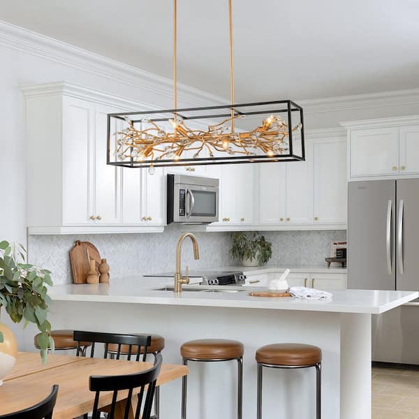 8 Light Black and Gold Crystal Modern Farmhouse Luxury Rectangular Chandelier for Kitchen Island with No Bulbs Included