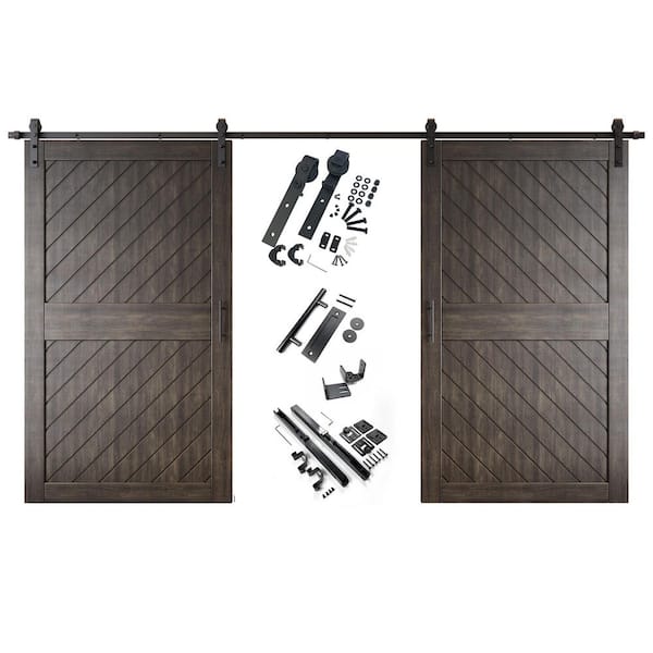 XT1 50 in. x 84 in. C-Panel Ebony Slanted Stripe Design Double Pine Wood Sliding Barn Door with Hardware Kit