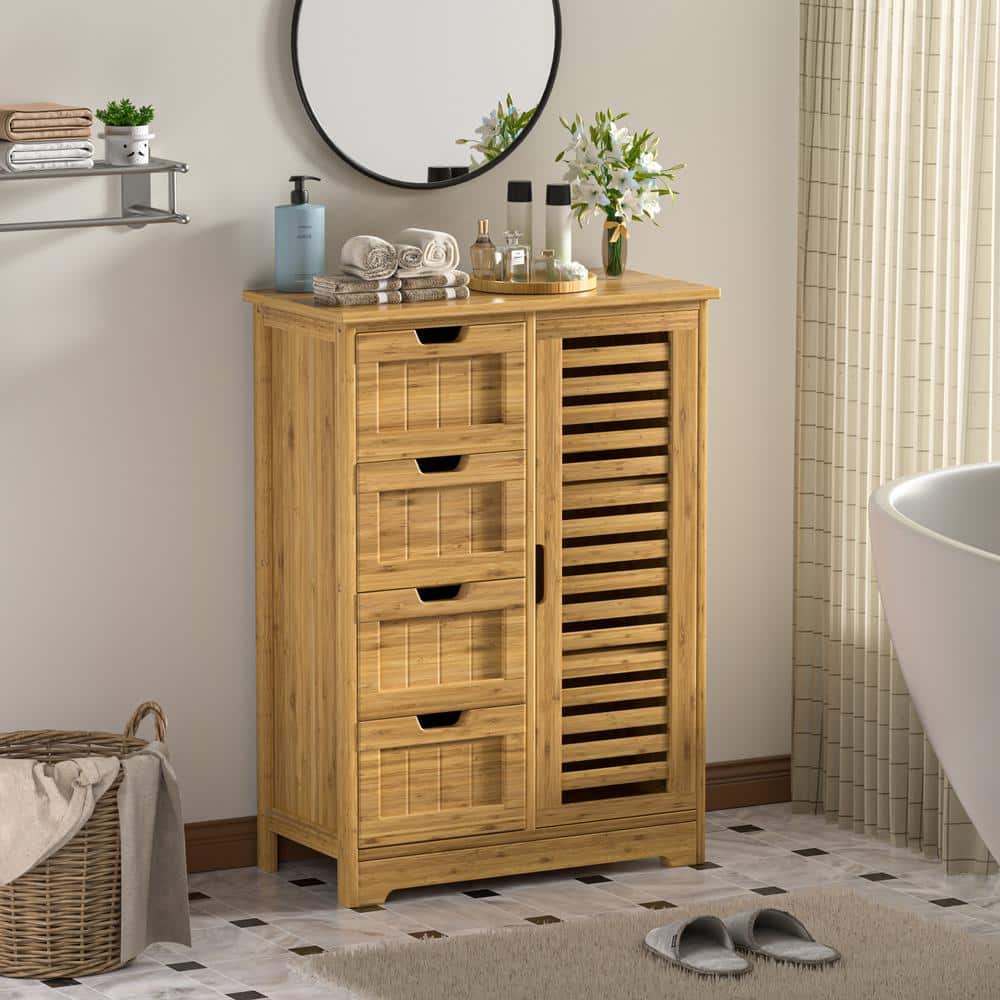 Yellow Bamboo Freestanding Linen Cabinet with Shelves and Drawers 23.7 in. W x 11.9 in. D x 32.5 in. H