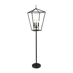 64 in Black Three Light Standard Floor Lamp With Geometric Shade