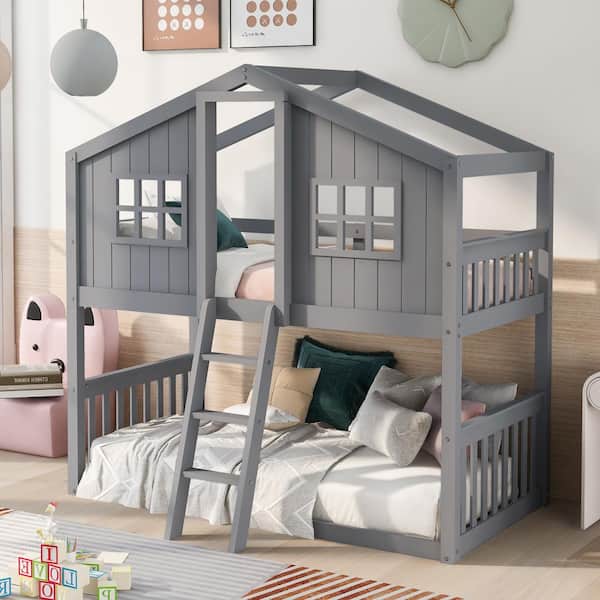 Harper & Bright Designs Gray Twin Over Twin Wood House Bunk Bed With Ladder