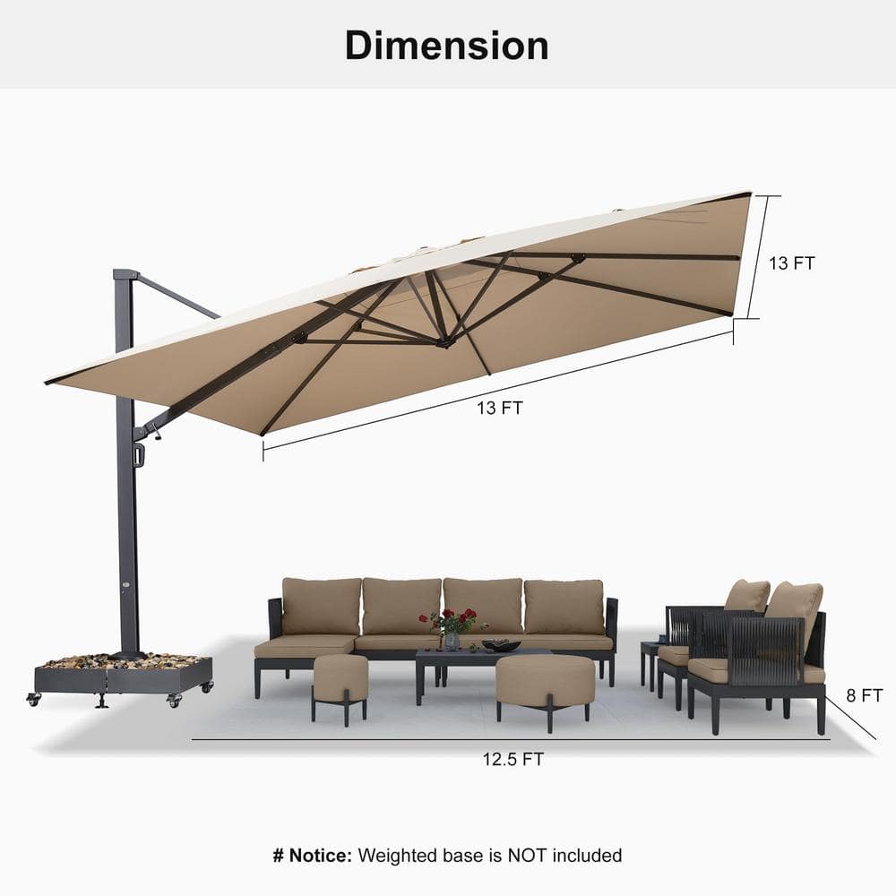 Beige 13ft Square Aluminum Cantilever Patio Umbrella