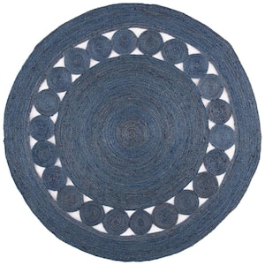 Natural Fiber Navy 3 ft. x 3 ft. Border Woven Round Area Rug