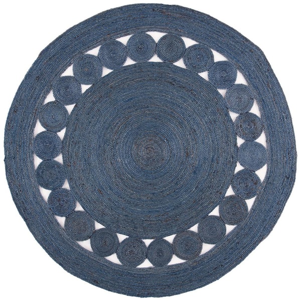 SAFAVIEH Natural Fiber Navy Doormat 3 ft. x 3 ft. Border Woven Round Area Rug