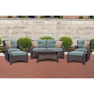Corrolla 6-Piece Wicker Patio Conversation Set with Plush Blue Cushions, Loveseat, Coffee Table, 2 Chairs, 2 Ottomans