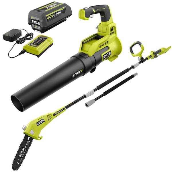 RYOBI 40V 110 MPH 525 CFM Jet Fan Leaf Blower and 10 in. Pole Saw with 4.0 Ah Battery and Charger
