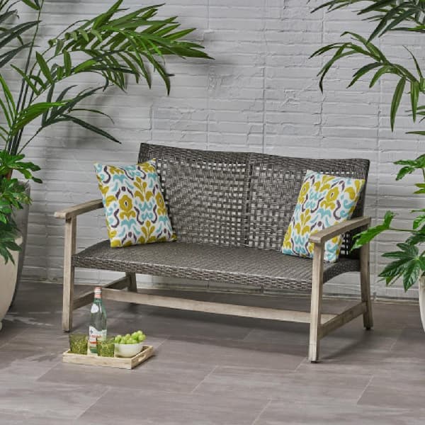 1 Piece Wood Outdoor Loveseat, Acacia Wood Gray Wicker Loveseat, Weather Resistant Outdoor Seating
