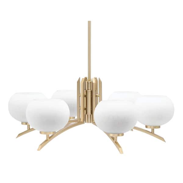 Unbranded Siena 28.75 in. 6-Light New Age Brass Chandelier with 7 in. White Muslin Glass Shades, no bulbs included