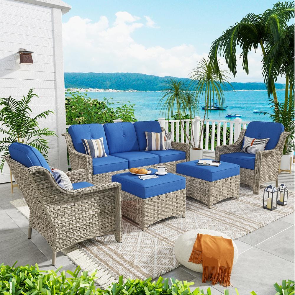 Tulip F Gray 5-Piece Wicker Patio Outdoor Conversation Sofa Set with Ottoman and Navy Blue Cushions price history on PriceWatchPro