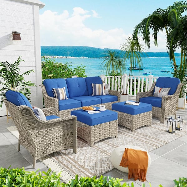 weaxty W Tulip F Gray 5-Piece Wicker Patio Outdoor Conversation Sofa Set with Ottoman and Navy Blue Cushions
