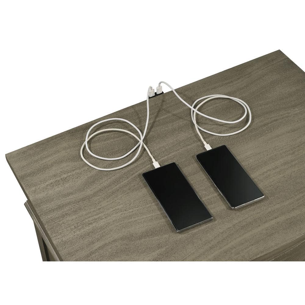 Transitional French Grey 3-Drawer Nightstand with USB Ports