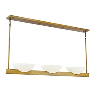 Fallon 45 in. W x 4.5 in. H 3-Light Warm Brass Linear Chandelier with White Opal Glass Shades