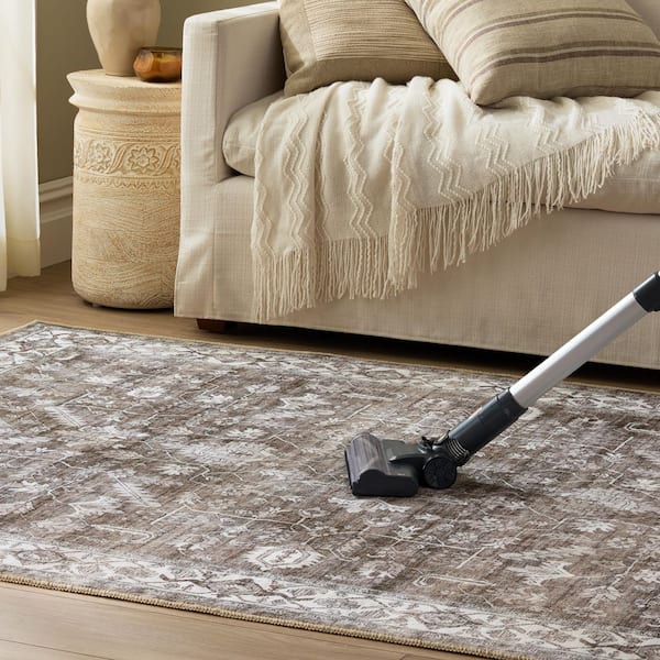 EVERWASH Haven 6 ft. x 9 ft. Brown Distressed Border Washable Area Rug