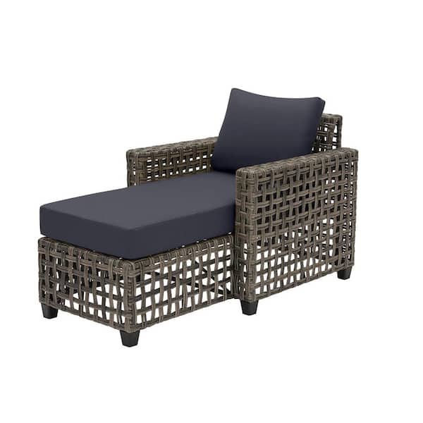Hampton Bay Briar Ridge Brown Wicker Outdoor Patio Chaise Lounge with CushionGuard Midnight Navy Blue Cushions