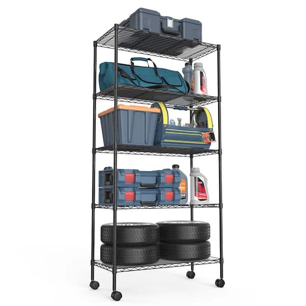 5-Tier Heavy Duty Metal Adjustable Garage Storage Shelving Unit in Black with Wheels (30 in. W x 60 in. H x 14 in. D)