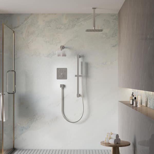 3-Function Square Ceiling Mount 10 in. and 6 in. Dual Shower Faucet System Sliding Bar in Brushed Nickel Valve Included
