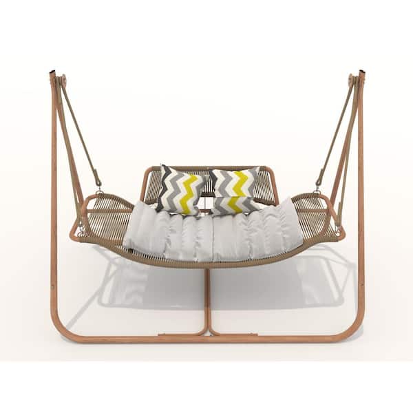 570 lbs Capacity Hammock Swing Chair with Stand for Indoor,Outdoor, Anti-Rust Wood-Colored Frame with Cushion,Gold+Brown