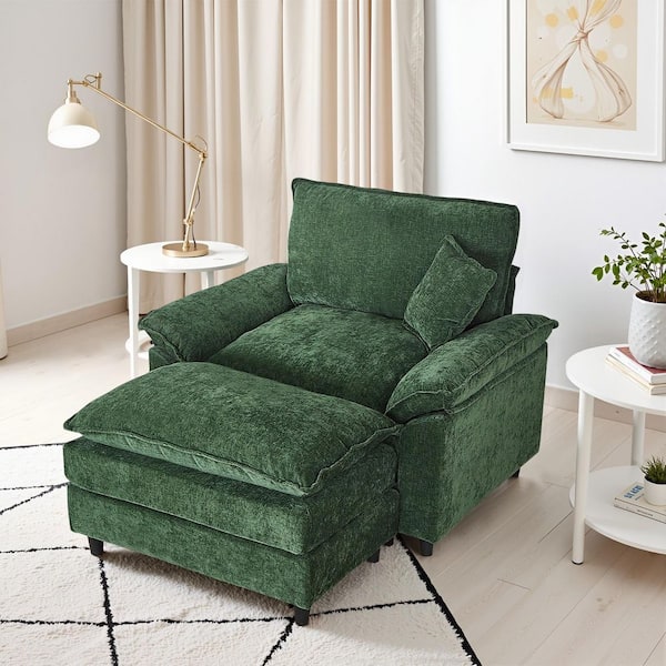 Oversized Green Chenille Soft Single Sofa Arm Chair with Ottoman and 1-Small Pillow for Bedroom and Living room