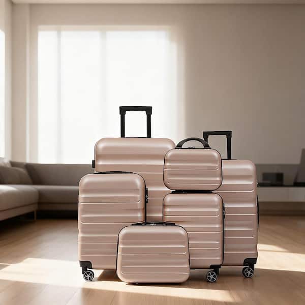 6 or more Bags 6-Piece Champagne ABS Hardshell 12"14"16"20"24"28" Dual Spinner Luggage Set, Carry-on & Check-in Size