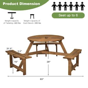 65 in. Dia 6-Person Round Wooden Picnic Table with Umbrella Hole and 3 Built-in Benches