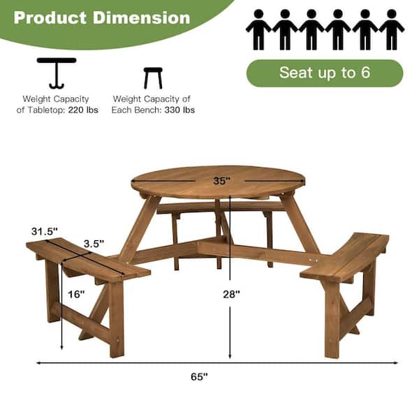 65 in. Dia 6-Person Round Wooden Picnic Table with Umbrella Hole and 3 Built-in Benches