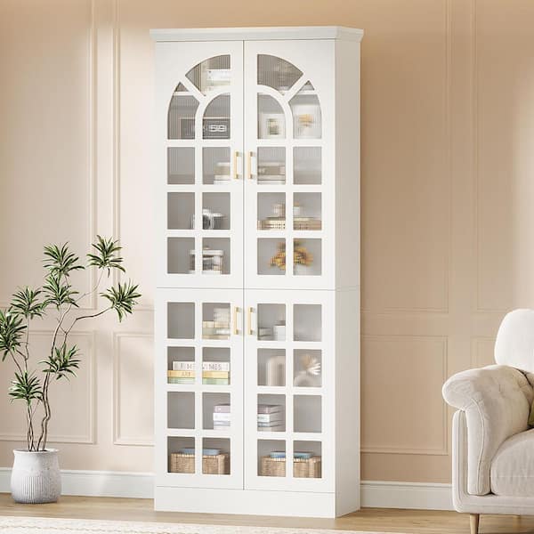 Alan 76 in. White Wood Storage Cabinet with Doors, LED Lights and Adjustable Shelves for Living Room, Office