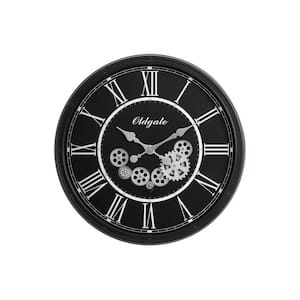 30 in. Black Round Wall Clock with Moving Gears, Roman Numeral Non-Ticking Quiet Battery Operated for Home Decor