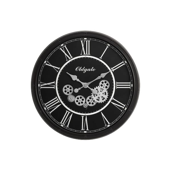 30 in. Black Round Wall Clock with Moving Gears, Roman Numeral Non-Ticking Quiet Battery Operated for Home Decor