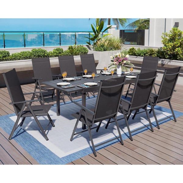 PHI VILLA 9-Piece Metal Patio Outdoor Dining Set with Rectangle Extensible Table and Black Reclining Folding Sling Chair