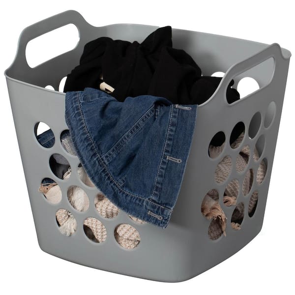 Basicwise Flexible Plastic Laundry Basket - Square Hamper with Side Handles - Organizer for Laundry & Household Storage, 28L Gray