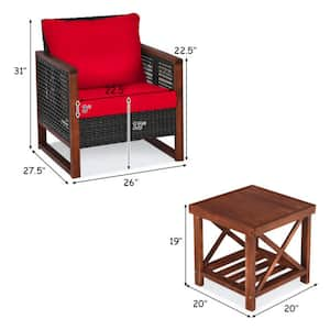 3-Pieces Wicker Patio Conversation Furniture Set w/Cushion Guard Red Cushion and Acacia Wood Coffee Table