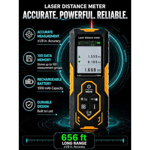 656 ft. Bidirectional Laser Distance Measure with Multi-Modes, Rechargeable Battery and Auto-Rotating Display