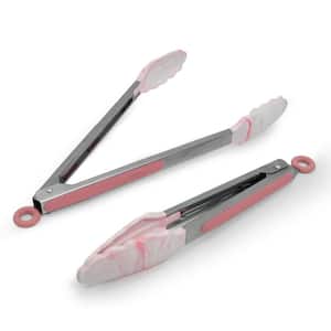 9 in. Stainless Steel Marble Pink Silicone Tong with Handle (Set of 2)
