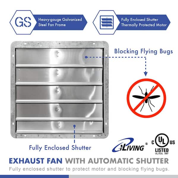 iLIVING - 20 in. Wall Mounted Shutter Exhaust Fan, Automatic Shutter, with Thermostat and Variable Speed controller, 3368 CFM