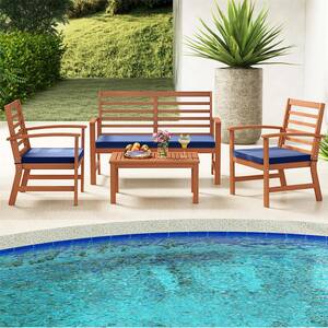 4-Piece Wicker Patio Conversation Set with Navy Cushions and Stable Acacia Wood Frame