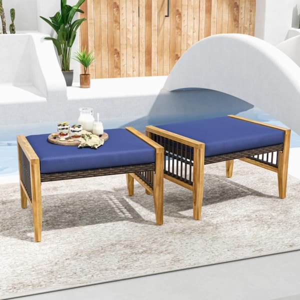 Clihome 25.5 in. W x 16 in. H Patio Acacia Wood Outdoor Ottoman Rattan Woven Footstools with Blue Cushions (2 Pack)