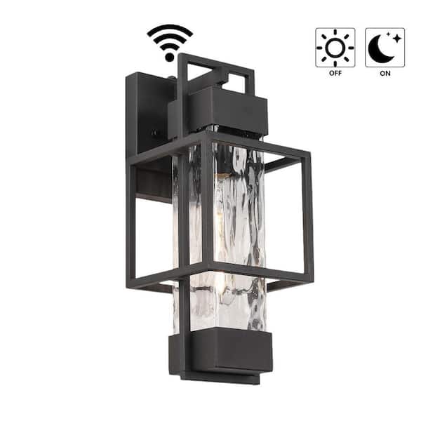 1-Light Black Water Glass not Motion Sensing Dusk to Dawn Outdoor Hardwired Wall Lantern Sconce, Bulb Not Included